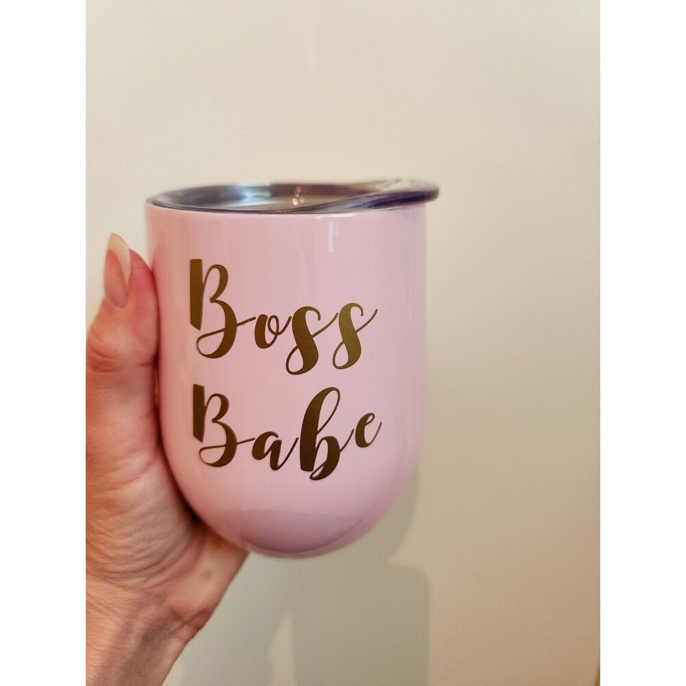 BOSS BABE Pink Stemless Wine Tumbler Coffee Travel Mug Glass Cup w/ Lid